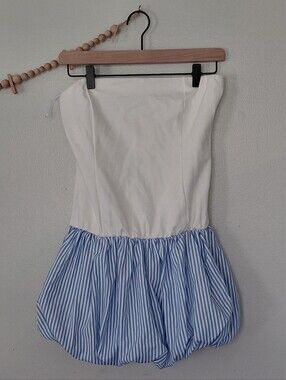 Kali Fashions Blue White Pin Stripe Strapless Bubble Hem Mini Party Dress NWT M